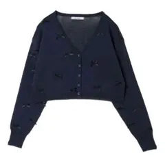 リボン装飾 ネイビー カーディガン