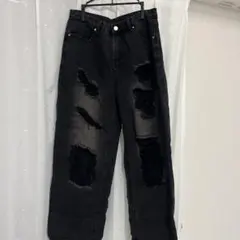 ブラック ダメージ加工 ストレートデニムパンツ
