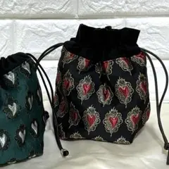 使い方は色々♡ジャガード生地　ハートの巾着（ブラック）