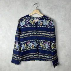 USA古着 シルクジャケット 長袖 ブラウス 総柄 ネイビー vintage