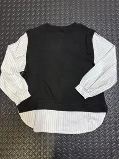 ニットベスト ドッキングシャツ レイヤード風トップス 黒×白