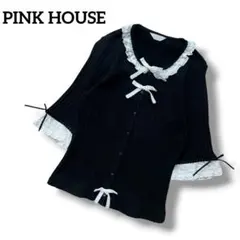 PINK HOUSE　リブニット　カーディガン　5分丈　リボン　フリル　Mのサムネイル