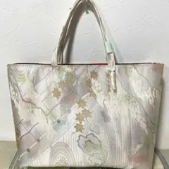 2756特大：白に銀通し楓庭園風景　帯 バッグ リメイク ハンドメイド