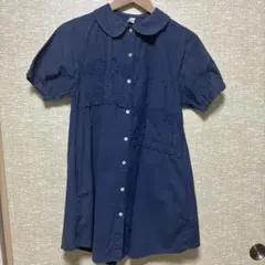 ネイビー 半袖刺繍ワンピース