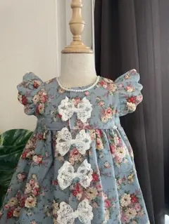 【ハンドメイド】花柄フリル袖ワンピース 80cm