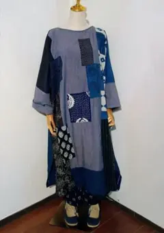 タップリ身幅のパッチデザイン ロングスリーブワンピース