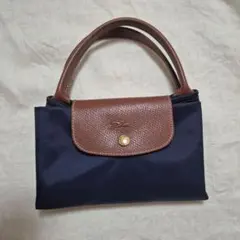 longchamp ネイビー ナイロン レザートートバッグ