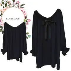 【クミキョク】オフショルダーシャツブラウスバルーンスリーブ前リボン【3】ネイビー