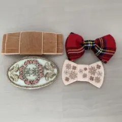 バレッタ ヘアピン ブローチ リボン チェック柄 花柄 赤 ブラウン 4点セット