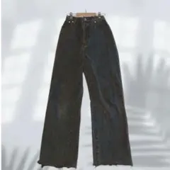 ジーナシス デニムパンツ セミワイドジーンズ 裾ダメージ 黒色 7825♡