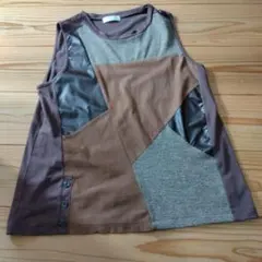 重ね着最適♡パッチワークトップス ブラウン 異素材 切り替えМ