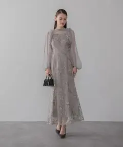 lejaフラワースパンコールチュールフリルロングスリーブマーメイドワンピース
