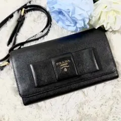 超美品】PRADA サフィアーノレザー ショルダーバッグ ブラック リボン 