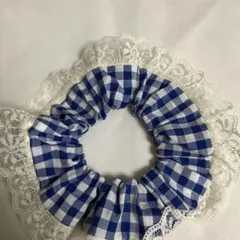 青と白のチェック柄フリルシュシュ