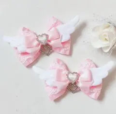 ヘアクリップリボン ピンク フリル ハート 量産型 エンジェル 天使の羽 ♡