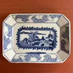 極上古伊万里　色絵賢人碁打図長皿　細密絵付　双龍文　江戸期　古美術　21cm 極上古伊万里 色絵賢人碁打図長皿 細密絵付 双龍文 江戸期 古美術 21cm