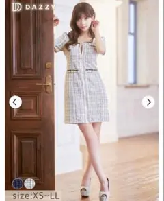 ツイードスクエアチェーンパールフロントジップ半袖タイトミニドレス