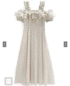 ドット柄フリルオフショルダーフレアロングワンピース