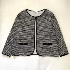 ノーカラージャケット ボーダー コットン 大きいサイズ ブラック ベージュ 3L