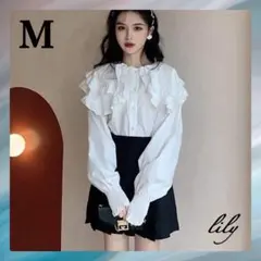 白ブラウス　フリルカラー　セーラー　ビッグカラーで細見え効果　長袖　シャーリング