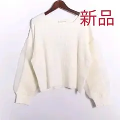 85％off！【新品】お袖が素敵！シフォンとパール飾りのセーター★白 (F)