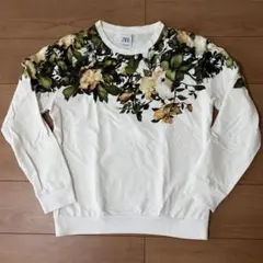 ZARA ザラ メンズ スウェット トレーナー 花柄 ボタニカル柄 ホワイト薄手