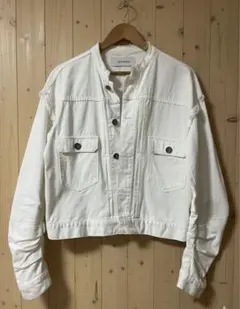 JEANASIS ノーカラー デニムジャケット ショート丈 ホワイト切りっぱなし