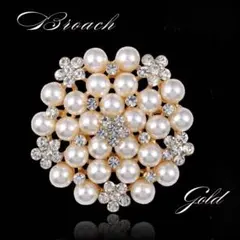 【新品】 丸型ブローチ ゴールド パール風×ラインストーン　卒業式 入学式