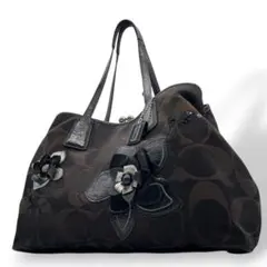 希少　コーチ　ハンドバッグ　シグネチャー　ブラウン　フラワー　花　がま口　s55