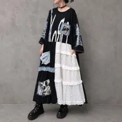 RMK ｜ 古着リメイクワンピース｜ライブフェス・ブラックフリルコラージュ