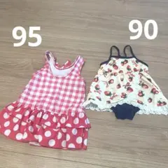 水着　セット　チェック　いちご　リボン　女の子　90.95