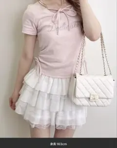 サイドギャザーリボンラインストーンロゴリブトップスのサムネイル