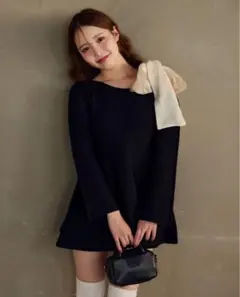 NICE CLAUPリボン付き黒ニットミニワンピース