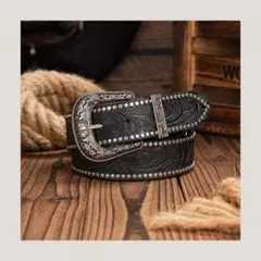 メンズスタッズ ウエスタンベルト 彫刻バックル ブラック ヴィンテージ 新品 黒