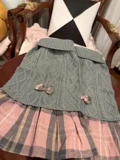 L 犬服　チェック　セーター　ワンピース　ピンク