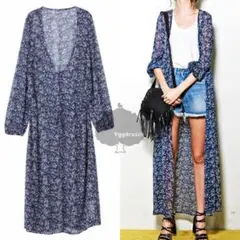 人気 フォン ロングガウン カーディガン ワンピース ネイビー 紺 フリー