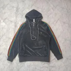 レトロ ベロア ハーフジップパーカー 虹色ライン 刺繍ロゴ ビッグサイズ　古着