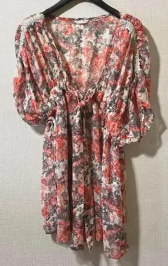 ファヴォリ　シアーチュニック　花柄　リボンタイ付き　チュニック　シアートップス