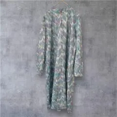 総柄 ロングワンピース ワンピース 長袖 幾何学模様 ライトブルー レディース