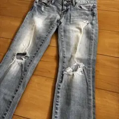 MOUSSY ダメージデニム 25インチ ライトブルー スキニー フリンジ裾