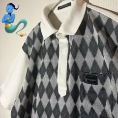 【個性派古着】美品　CORAGIO アーガイル柄　グレー　ポロシャツ M