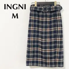 INGNI タイトスカート スリット チェック柄 ベルト ウエストゴム ネイビー