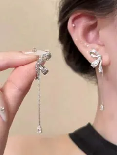 リボン型タッセルロングピアス シルバー