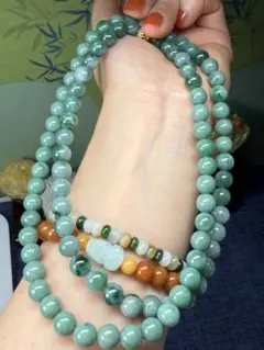 買得品❣️天然本翡翠　個性的、藍水藍緑色味一連ネックレス　8+mm