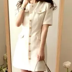 【S〜M相当】春デート女子会ツイードワンピース アイボリーほんのり韓国スタイル