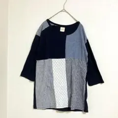 T457【innoce】異素材チュニック　カットソー　パッチワーク風　M 七分袖