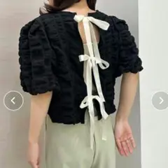 ぽこぽこ半袖ブラウス　カーディガン　黒　ブラック　リボン　可愛い