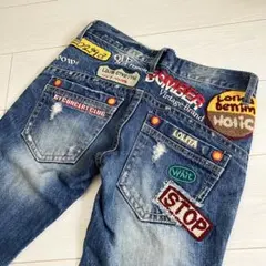 ロリータジーンズ ワッペン 刺繍 デニムパンツ フレア S Y2K ダメージ加工のサムネイル
