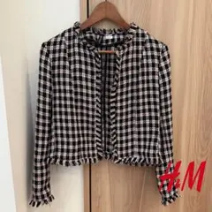 H&M ツイード ジャケット アウター 上着 チェック ピンク 黒 クロップド