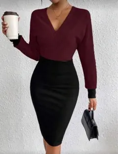 【新品未使用】ボルドー/ブラック ラップドレス 長袖　お呼ばれナイトドレス